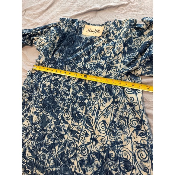 Madame Hall Blue White Batik Scroll Print Midi Dress Long Sleeve Pockets XL - Picture 8 of 10